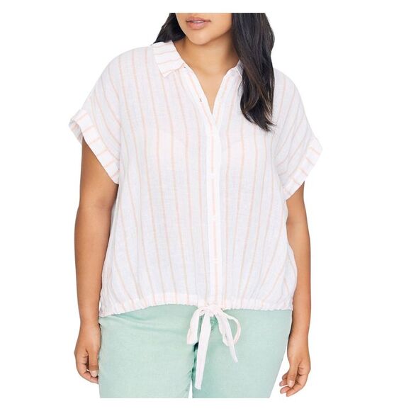 SANCTUARY Tops - SANCTUARY Womens Ivory Striped Short Sleeve Collared Button Up Top Plus 2X